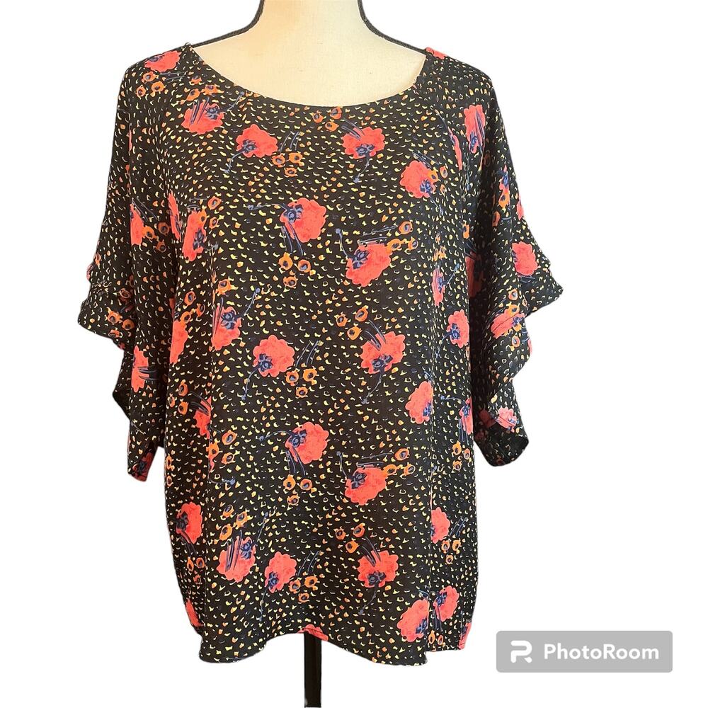 UMGEE Women's Black Red Floral Boxy Flutter Sleeves Sheer Blouse Sz S Whimsical